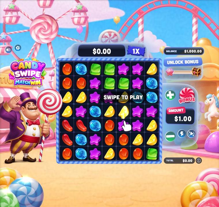 Candy Swipe Matchwin base game in Fun Play with a Swipe to play hint over the 7 by 7 board, a 1,000 dollar demo balance, the Unlock Bonus meter and a 1 dollar bet.