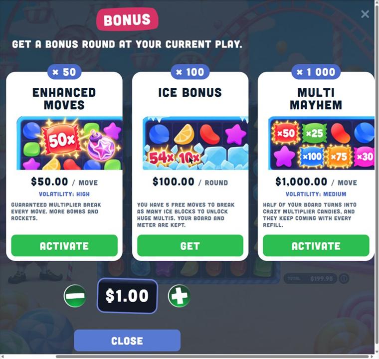 Bonus buy menu with three cards: Enhanced Moves at 50 dollars per move with high volatility, Ice Bonus at 100 dollars per round, and Multi Mayhem at 1,000 dollars per move with medium volatility.