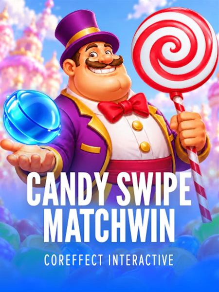 Candy Swipe Matchwin lobby tile with the candy-maker in a purple top hat and the game's name.
