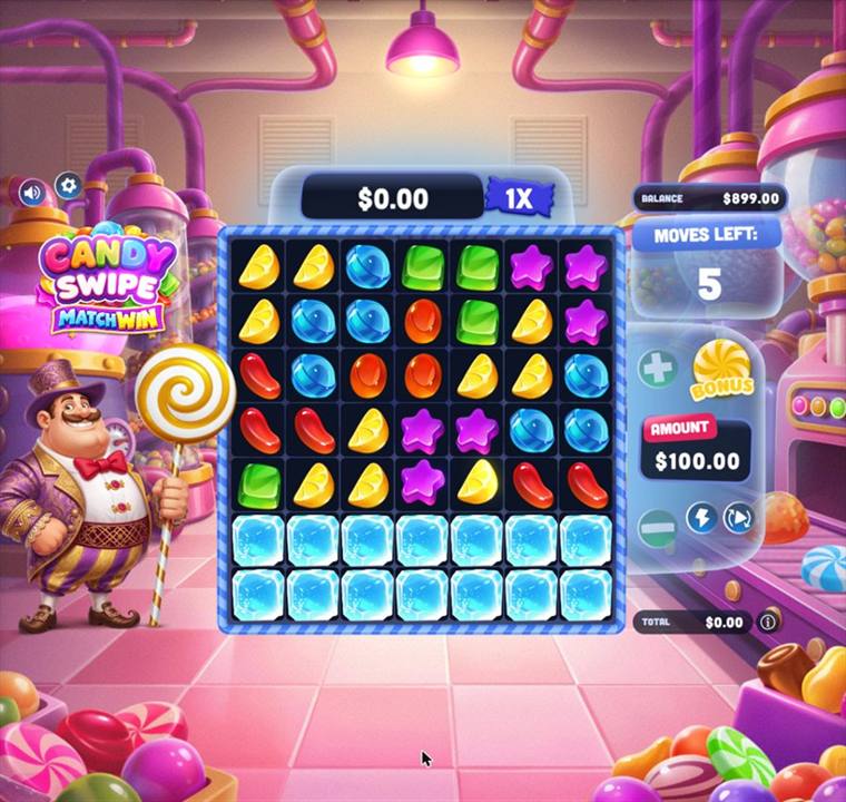 Ice Bonus board in the candy factory: five rows of candies above two full rows of ice blocks, with 5 moves left and a 100 dollar bonus amount.