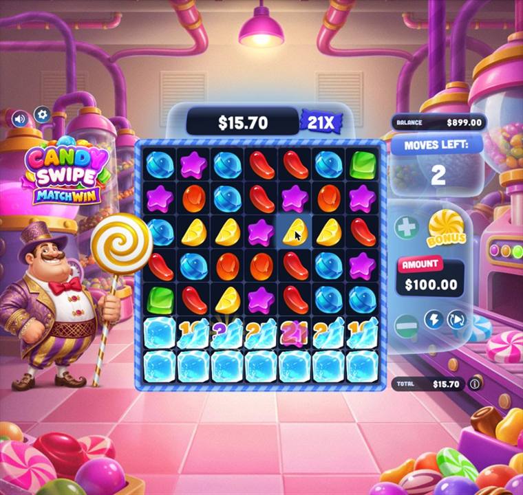 Ice Bonus mid-round: a broken ice block showing 21x, cracked blocks beside it, a 21x round multiplier and a 15.70 win so far with 2 moves left.