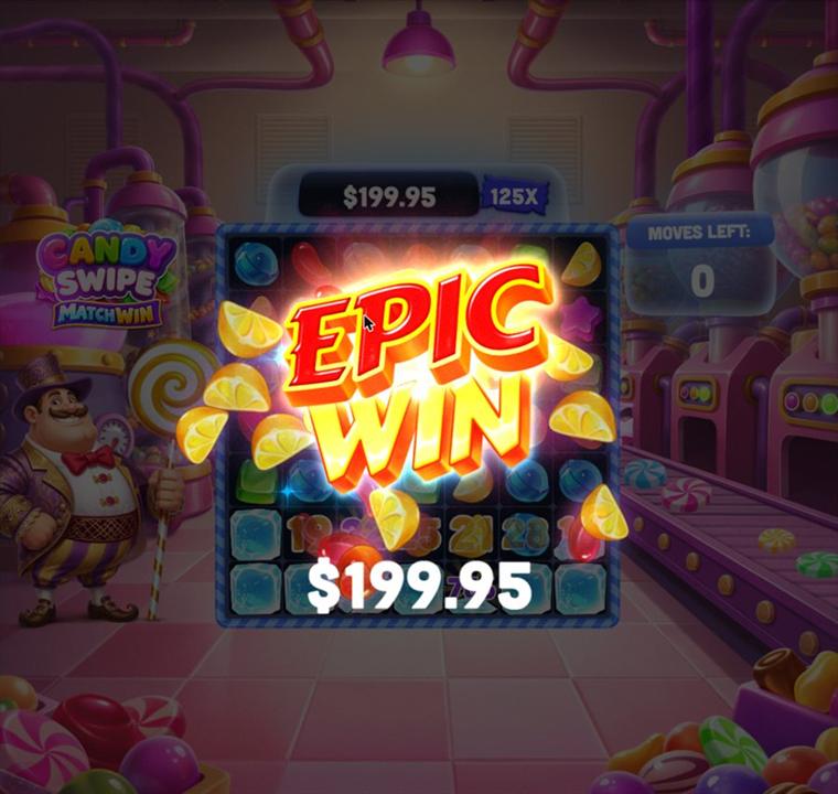 Ice Bonus end screen: Epic Win in large letters and a 199.95 win, with a 125x round multiplier and 0 moves left.